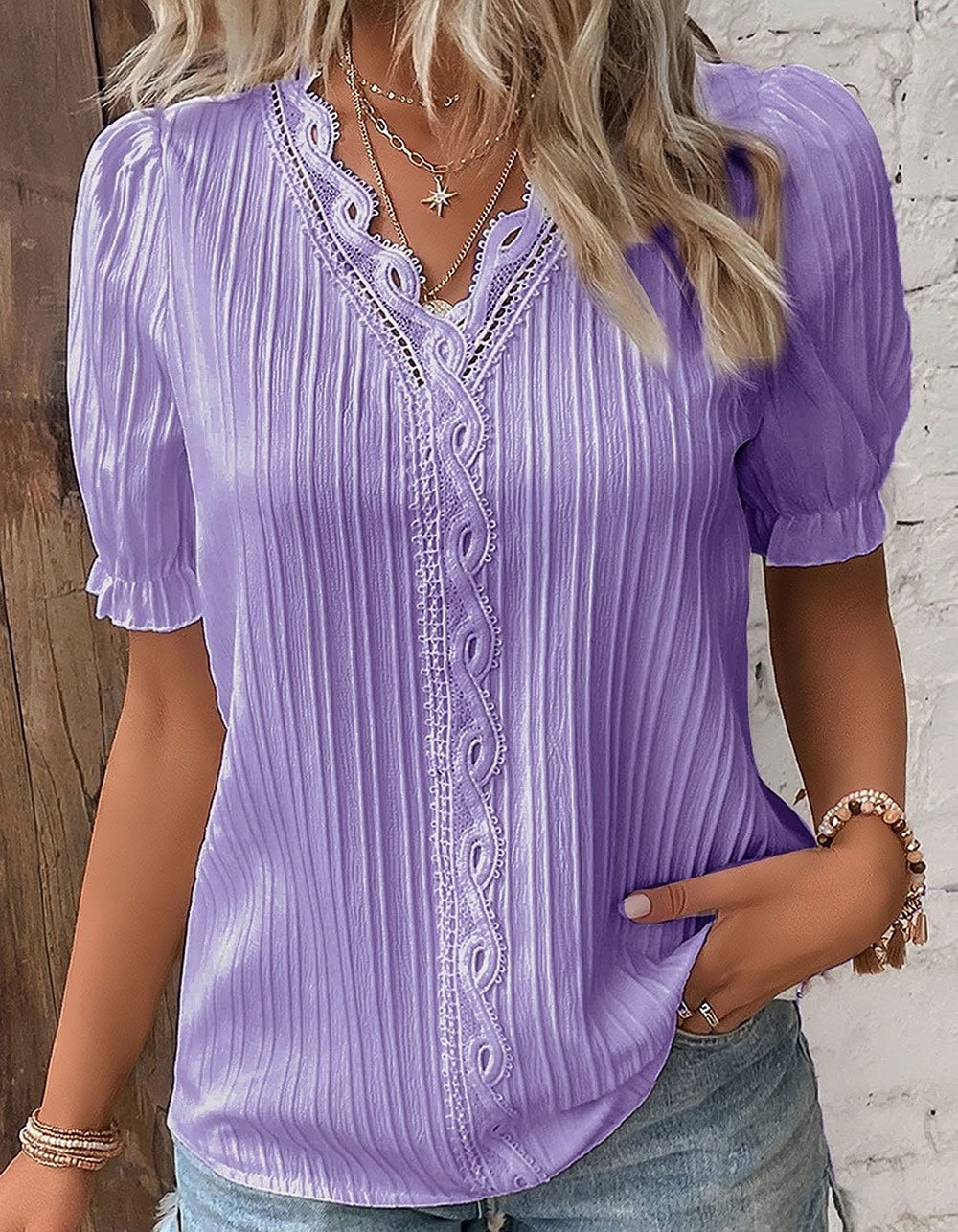 Solid-color V Neck Lace Cut Out Stitching Short Sleeve Loose Shirt