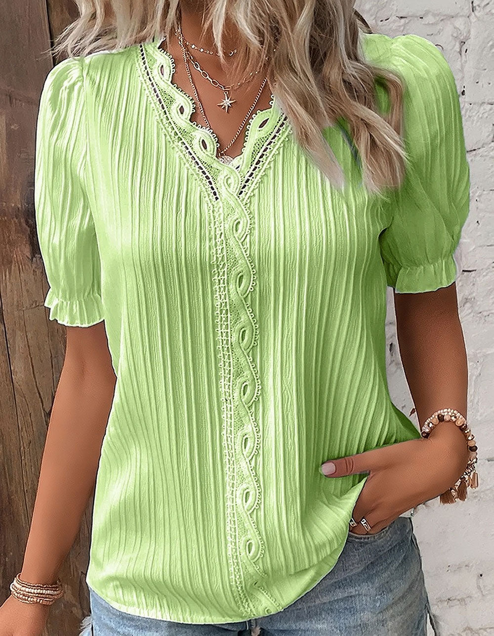 Solid-color V Neck Lace Cut Out Stitching Short Sleeve Loose Shirt