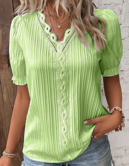 Solid-color V Neck Lace Cut Out Stitching Short Sleeve Loose Shirt