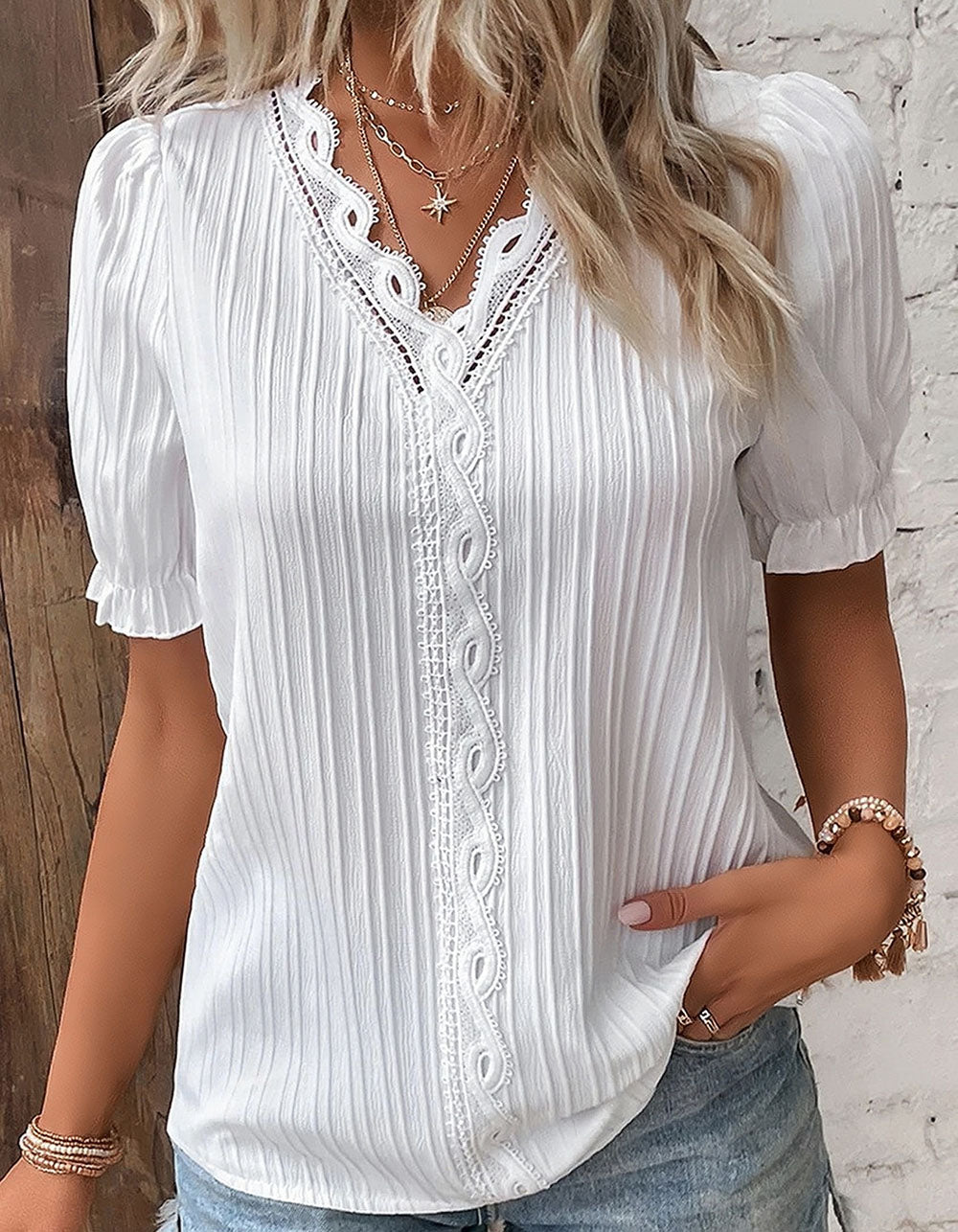 Solid-color V Neck Lace Cut Out Stitching Short Sleeve Loose Shirt