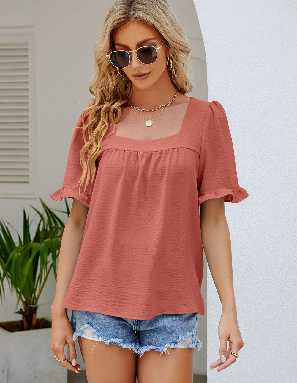 Solid-color Short Sleeve Square Collar Pleated Chiffon Shirt