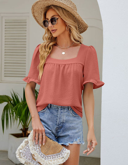 Solid-color Short Sleeve Square Collar Pleated Chiffon Shirt