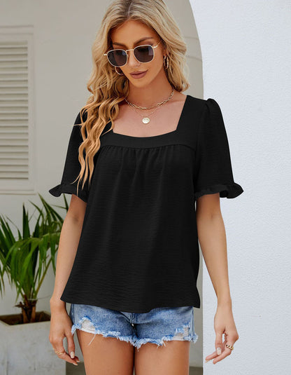 Solid-color Short Sleeve Square Collar Pleated Chiffon Shirt