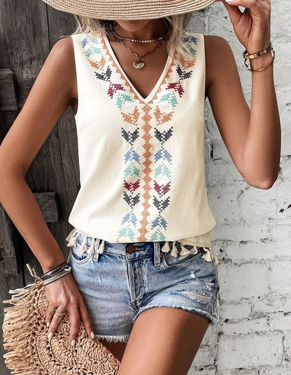 Ethnic V Neck Embroidery Stitching Sleeveless Undershirt