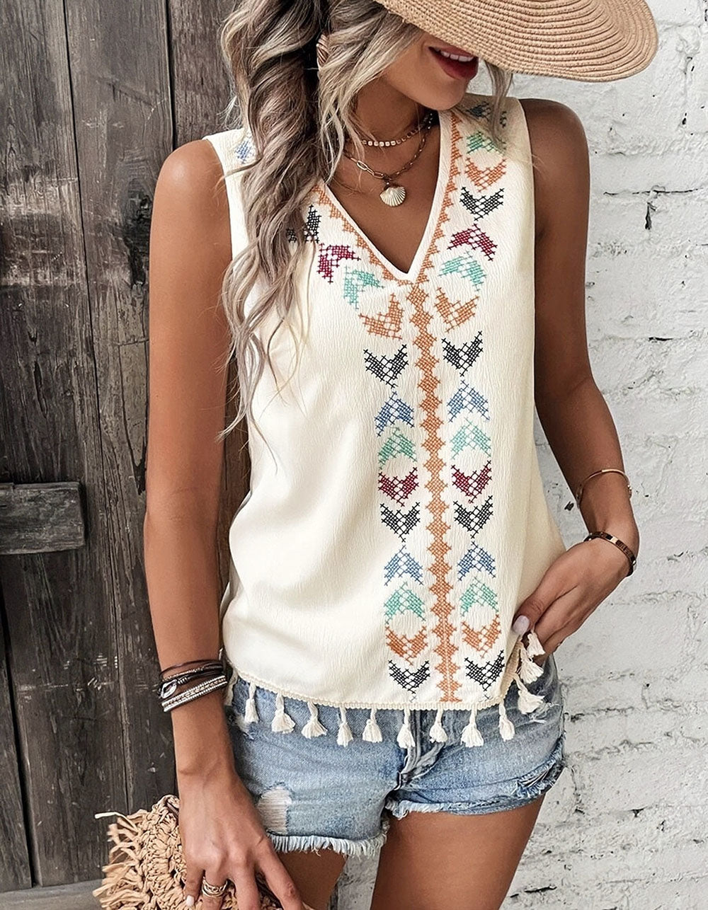 Ethnic V Neck Embroidery Stitching Sleeveless Undershirt