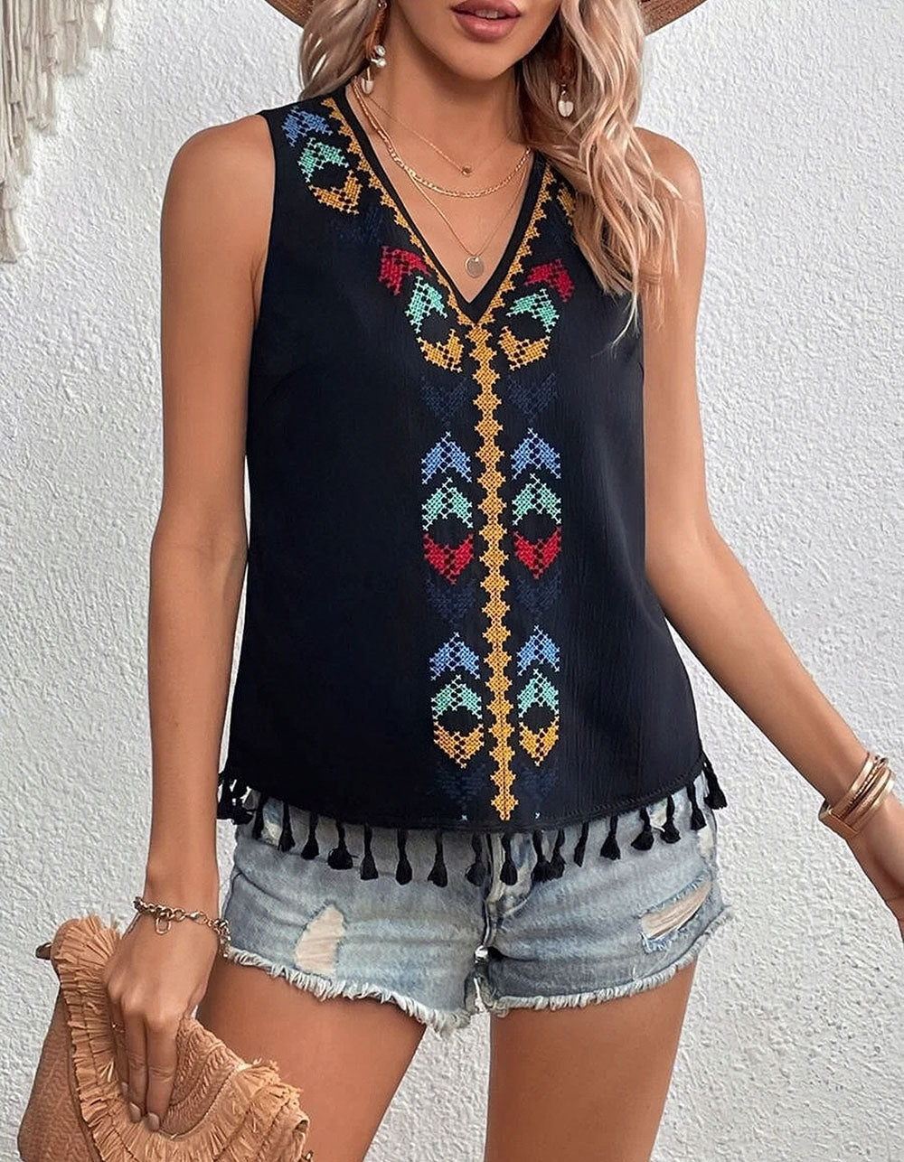 Ethnic V Neck Embroidery Stitching Sleeveless Undershirt