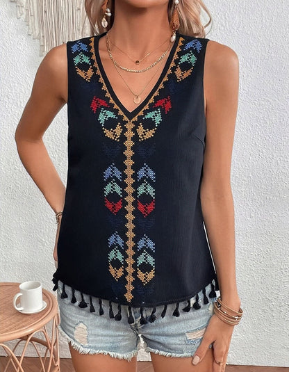 Ethnic V Neck Embroidery Stitching Sleeveless Undershirt