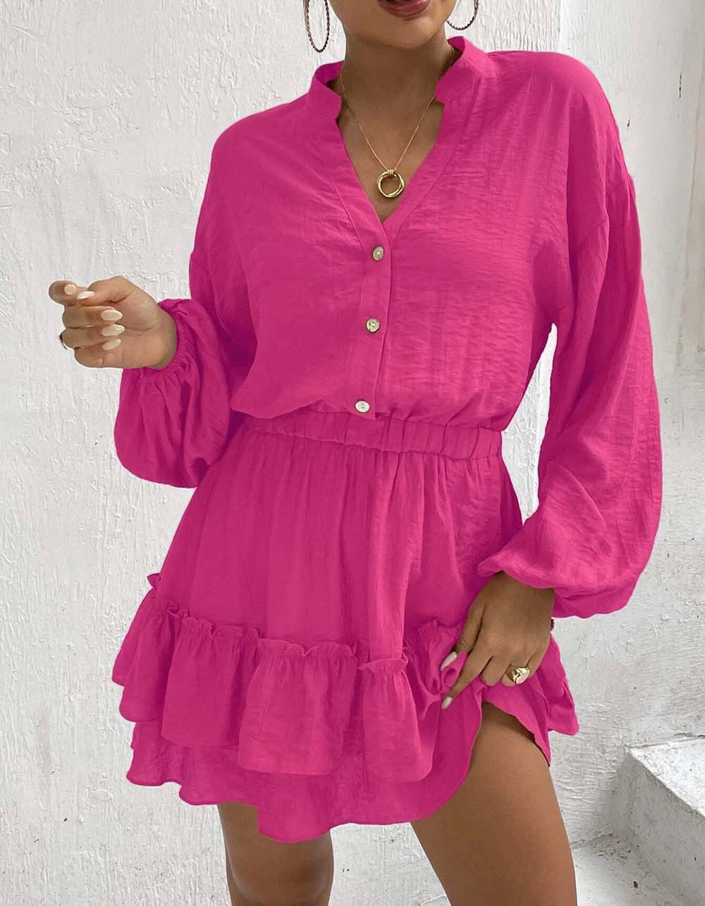 Solid-color V Neck Long Sleeve Ruffle Short A-Line Dresses