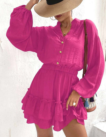 Solid-color V Neck Long Sleeve Ruffle Short A-Line Dresses