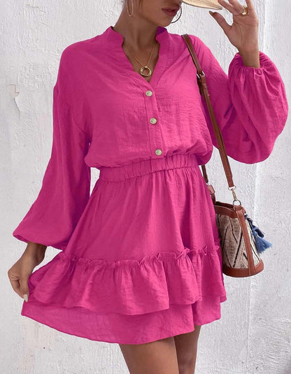 Solid-color V Neck Long Sleeve Ruffle Short A-Line Dresses