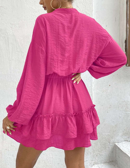 Solid-color V Neck Long Sleeve Ruffle Short A-Line Dresses