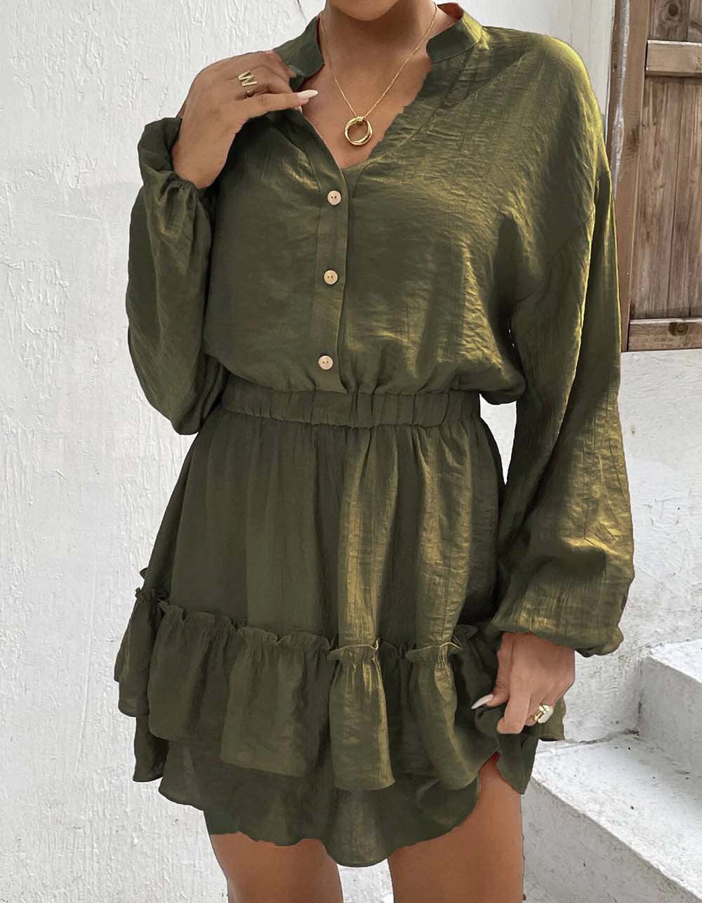 Solid-color V Neck Long Sleeve Ruffle Short A-Line Dresses