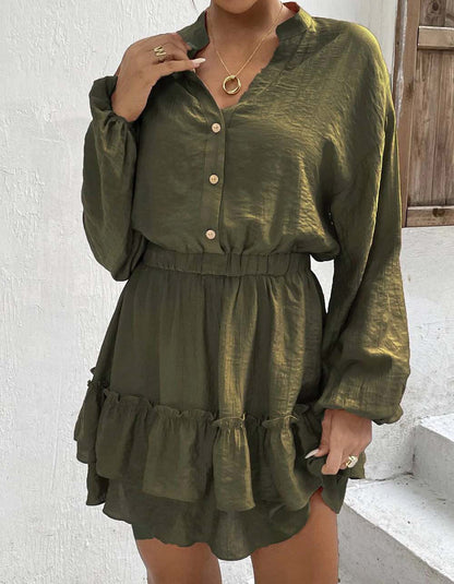 Solid-color V Neck Long Sleeve Ruffle Short A-Line Dresses