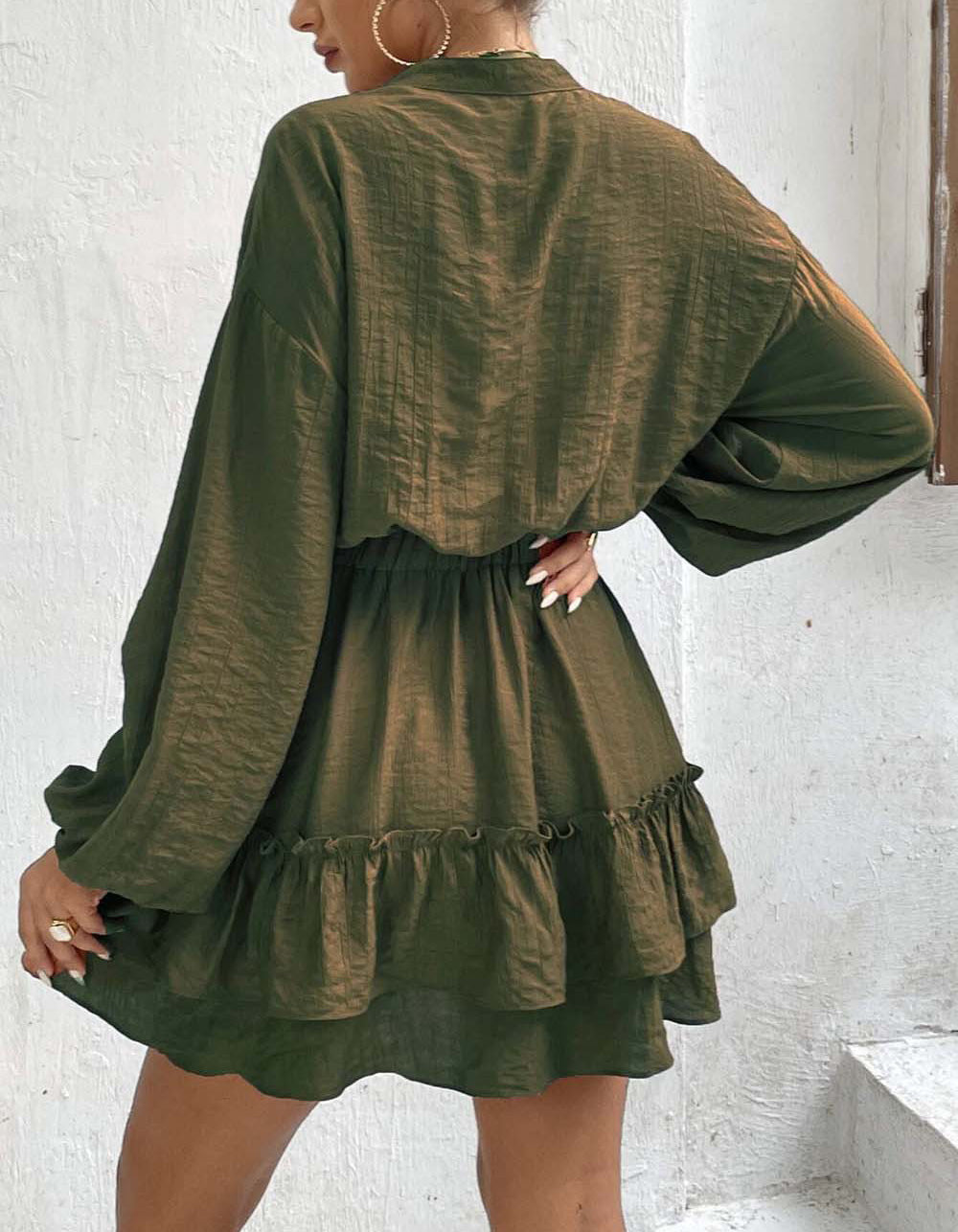 Solid-color V Neck Long Sleeve Ruffle Short A-Line Dresses