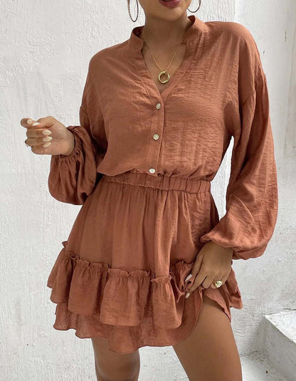 Solid-color V Neck Long Sleeve Ruffle Short A-Line Dresses