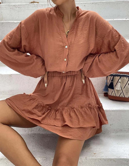 Solid-color V Neck Long Sleeve Ruffle Short A-Line Dresses