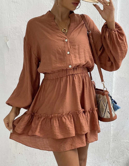 Solid-color V Neck Long Sleeve Ruffle Short A-Line Dresses