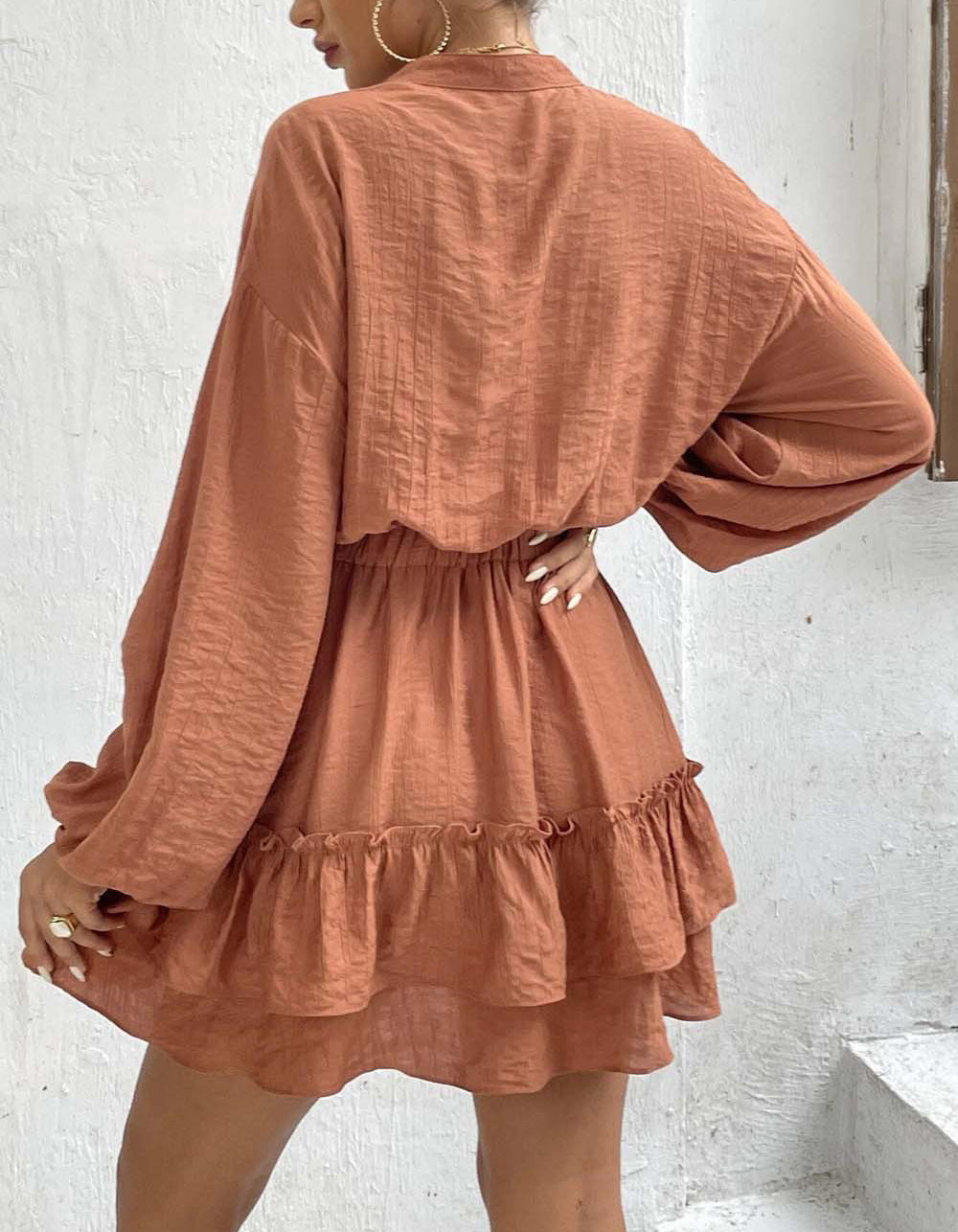 Solid-color V Neck Long Sleeve Ruffle Short A-Line Dresses