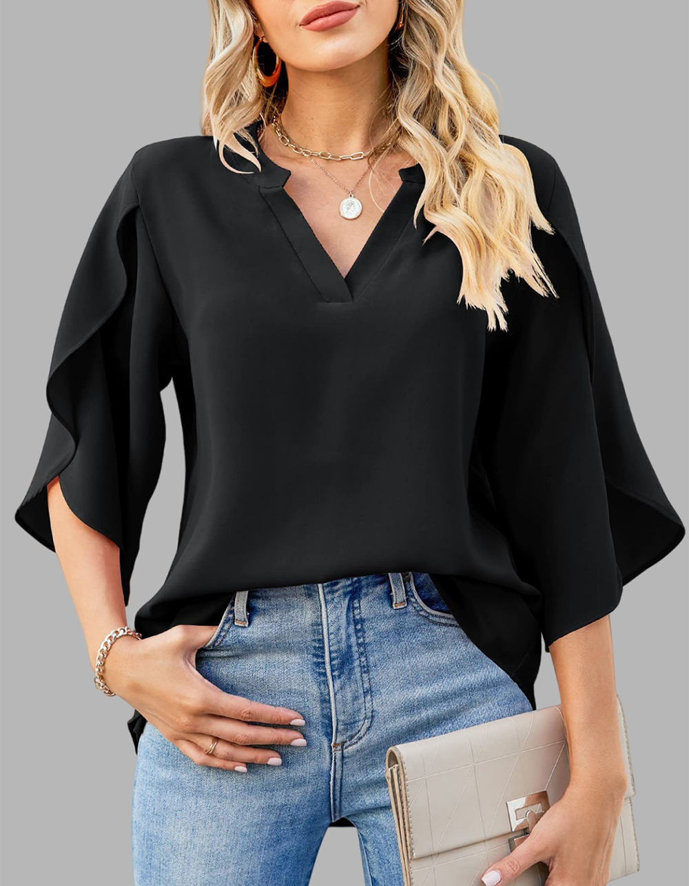 Solid-color Petal Sleeve Loose V-Neck Chiffon Shirt