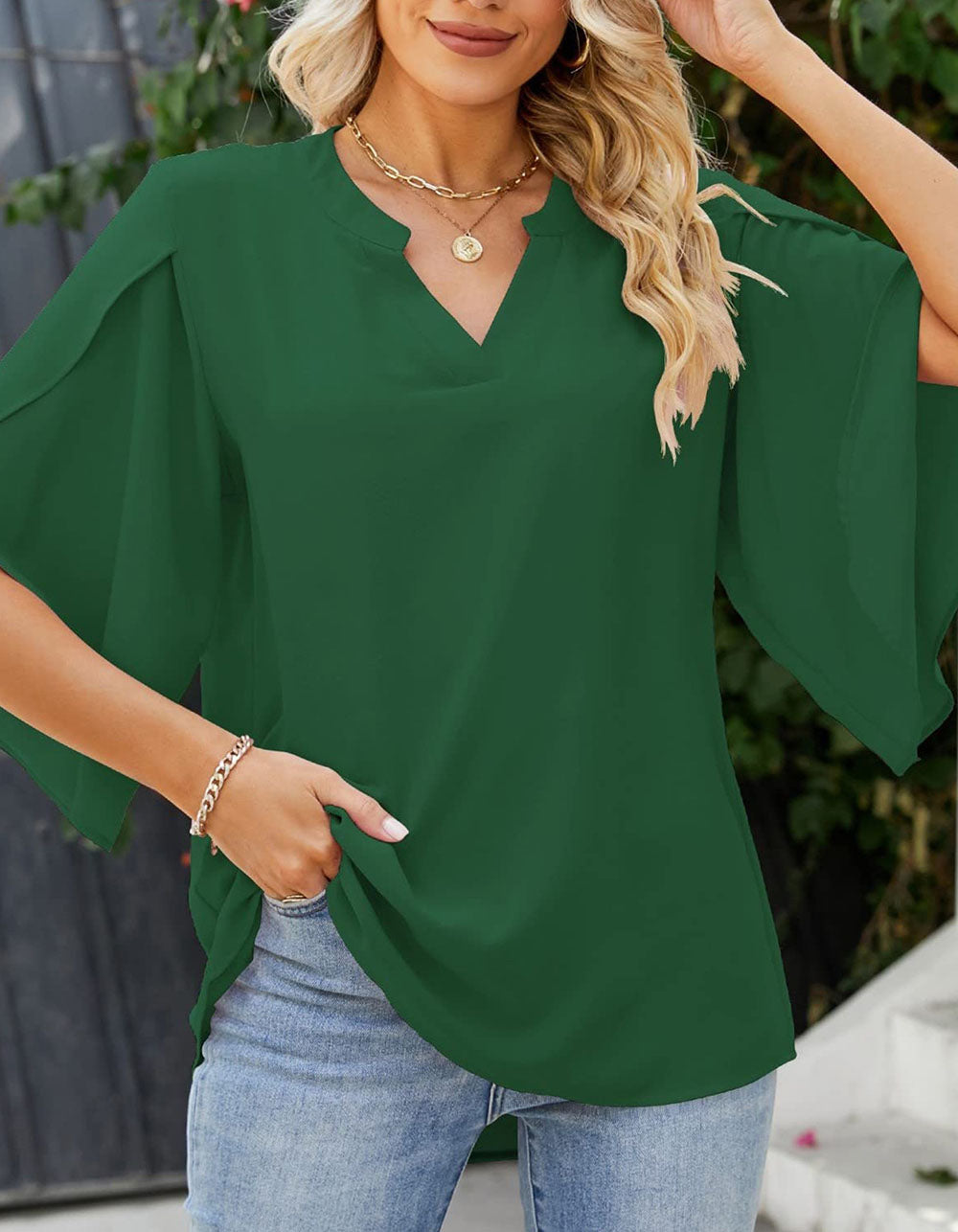 Solid-color Petal Sleeve Loose V-Neck Chiffon Shirt