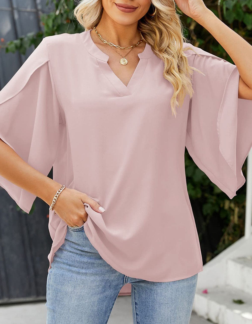 Solid-color Petal Sleeve Loose V-Neck Chiffon Shirt