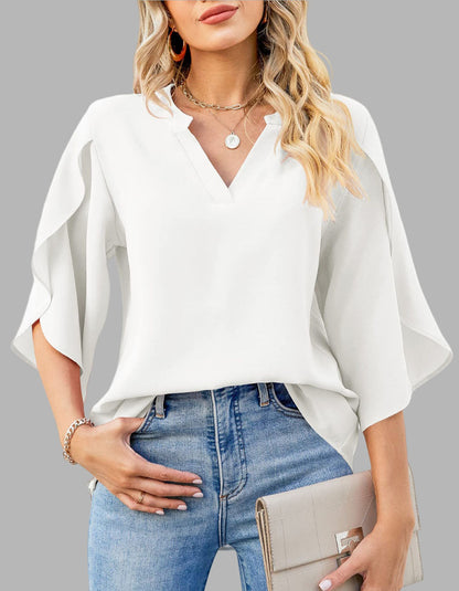 Solid-color Petal Sleeve Loose V-Neck Chiffon Shirt