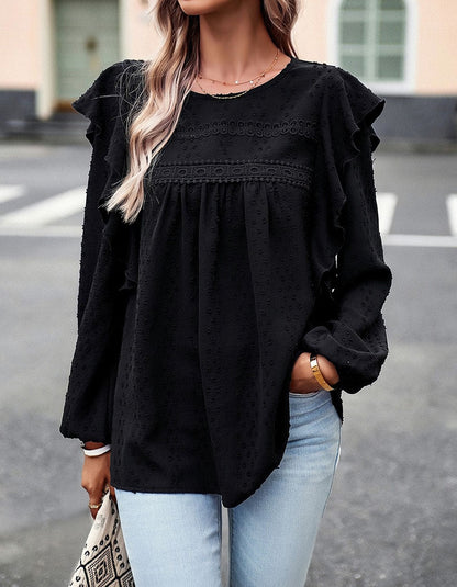 Solid-color Round Neck Long Sleeve Loose Bubble Sleeve Shirt