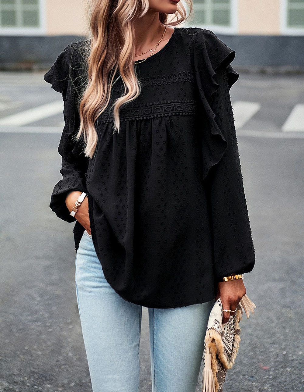 Solid-color Round Neck Long Sleeve Loose Bubble Sleeve Shirt