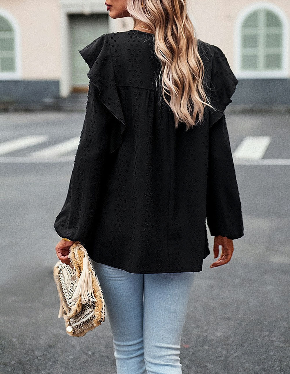 Solid-color Round Neck Long Sleeve Loose Bubble Sleeve Shirt