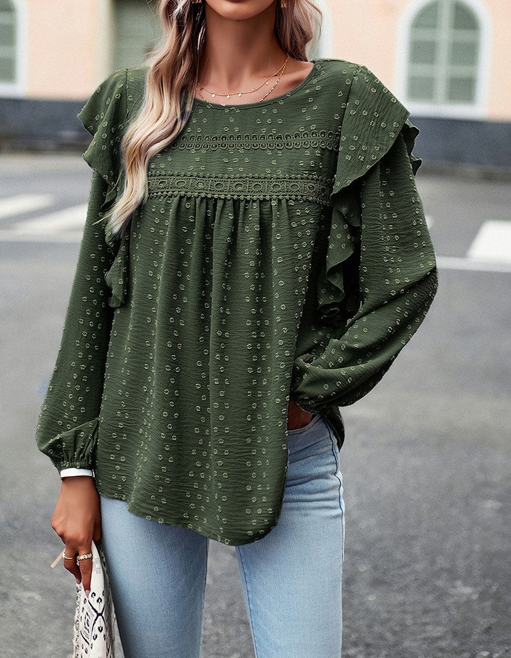 Solid-color Round Neck Long Sleeve Loose Bubble Sleeve Shirt