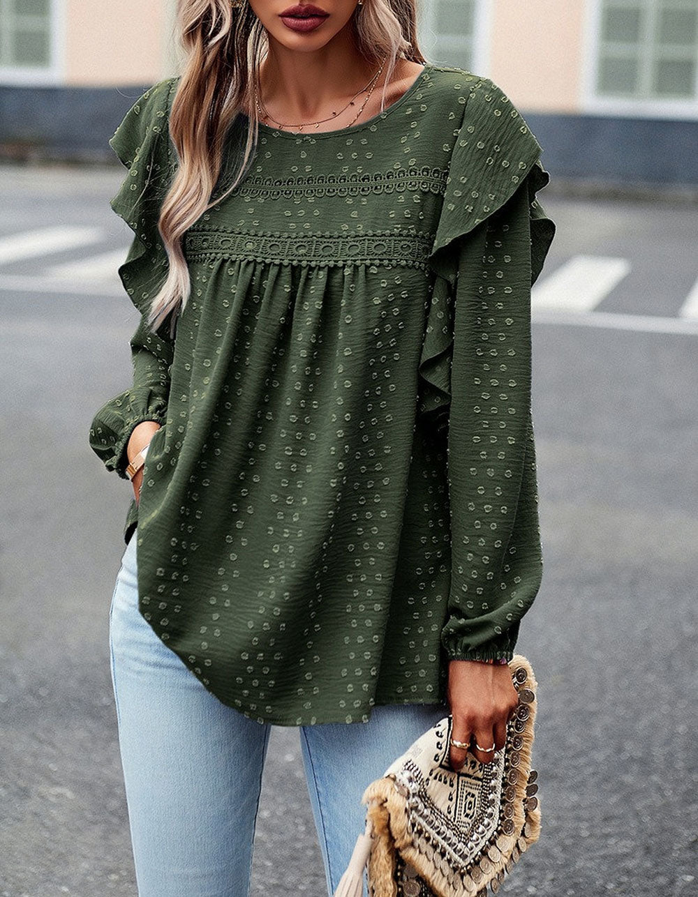 Solid-color Round Neck Long Sleeve Loose Bubble Sleeve Shirt