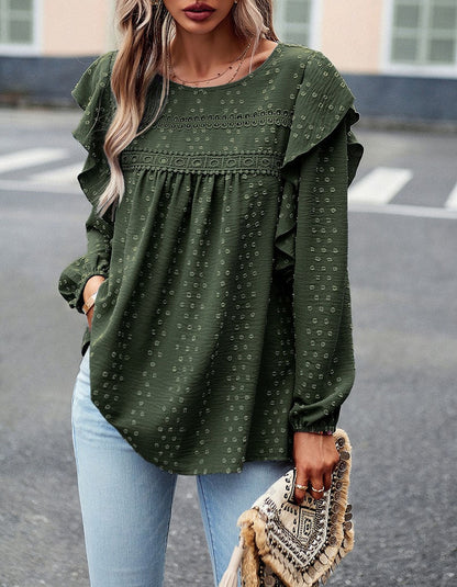 Solid-color Round Neck Long Sleeve Loose Bubble Sleeve Shirt