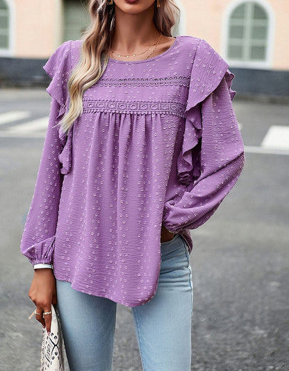 Solid-color Round Neck Long Sleeve Loose Bubble Sleeve Shirt