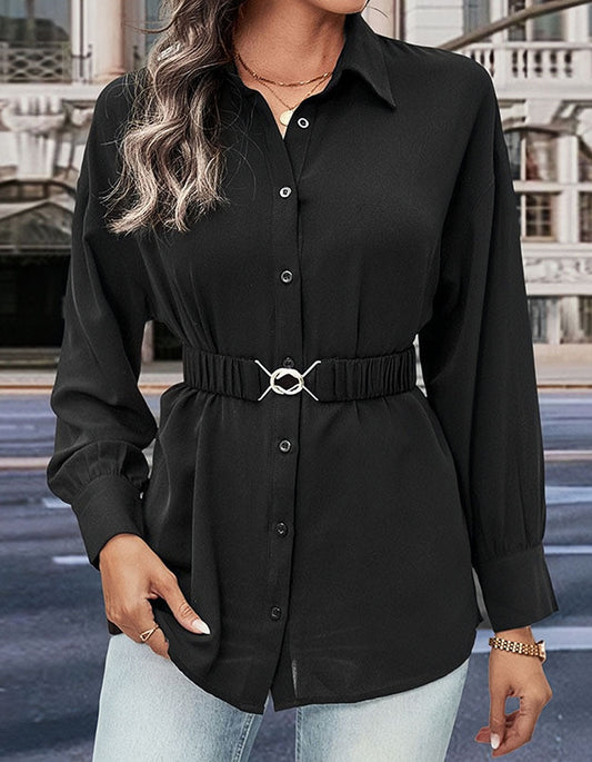 Solid-color Lapel Button Front Waist OL Long Sleeve Shirt