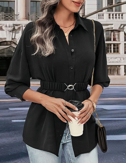 Solid-color Lapel Button Front Waist OL Long Sleeve Shirt