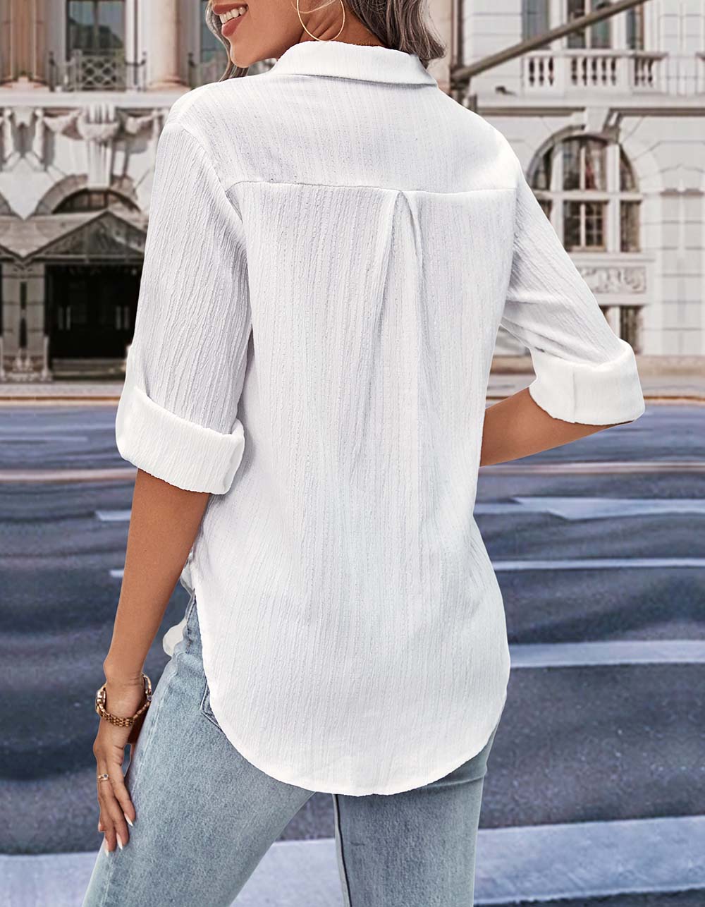 Solid-color Lapel Button Pocket Loose Long Sleeve Shirt