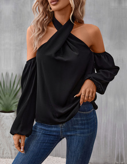 Solid-color Strapless Backless Long Sleeve Shirt