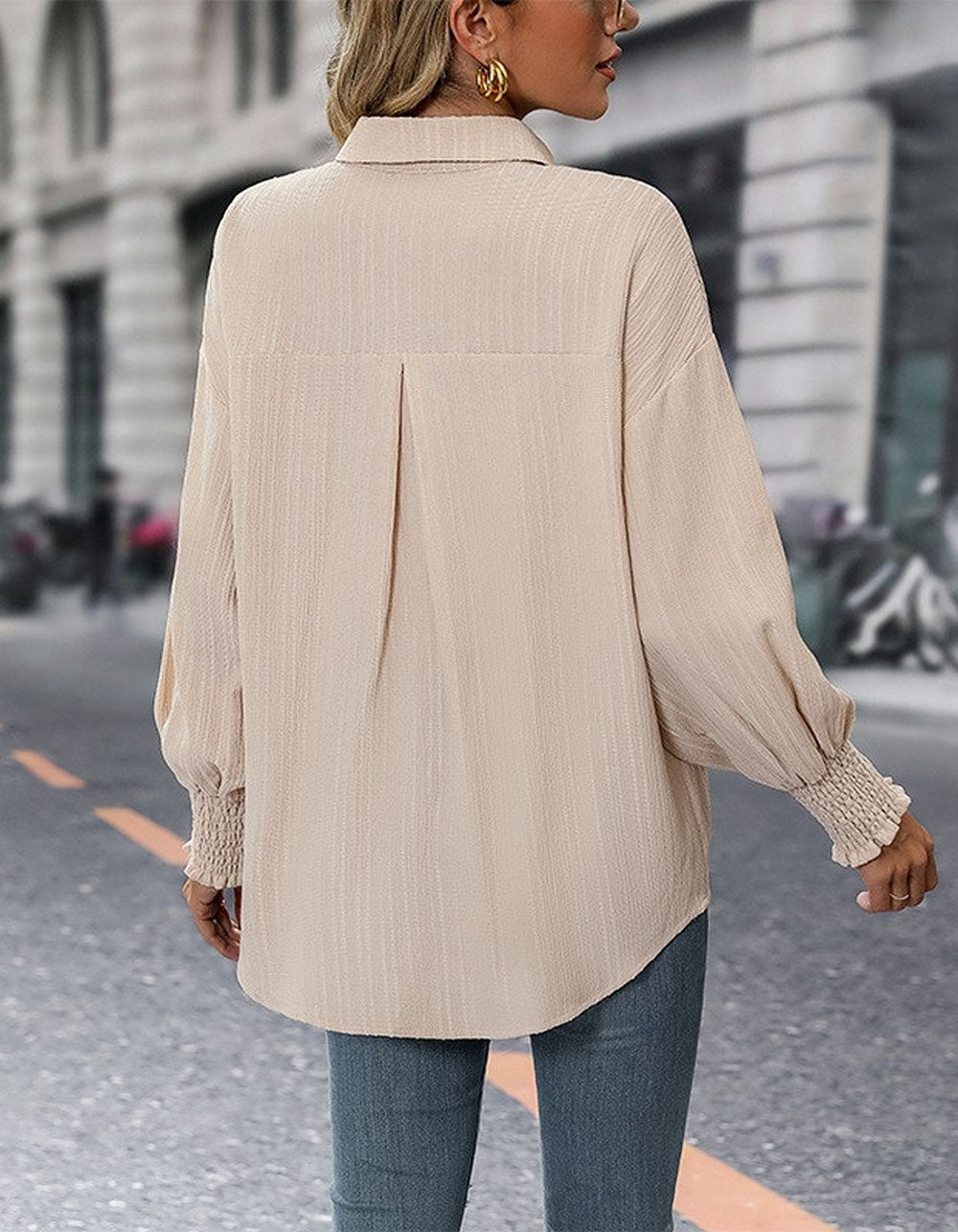 Solid-color Lapel Single-breasted Loose Long Sleeve Shirt