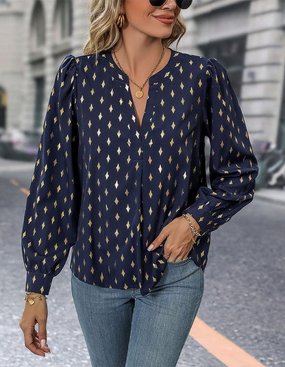 Bronzing V Neck Stitching Long Sleeve Shirt