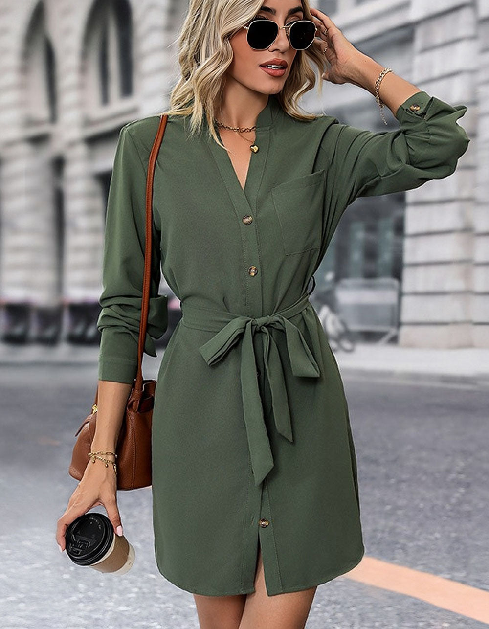 Solid-color Green Belted Lapel Long Sleeve Button Front A-Line Dresses