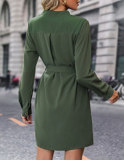 Solid-color Green Belted Lapel Long Sleeve Button Front A-Line Dresses