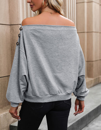 Solid-color Off Shoulder Strapless Loose Long Sleeve Sweatshirt