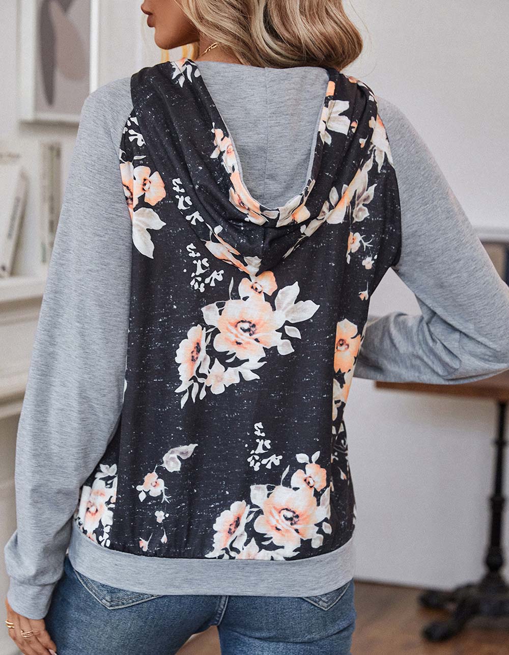 Floral Printed Long Sleeve Stitching Hooded Sweatshirt