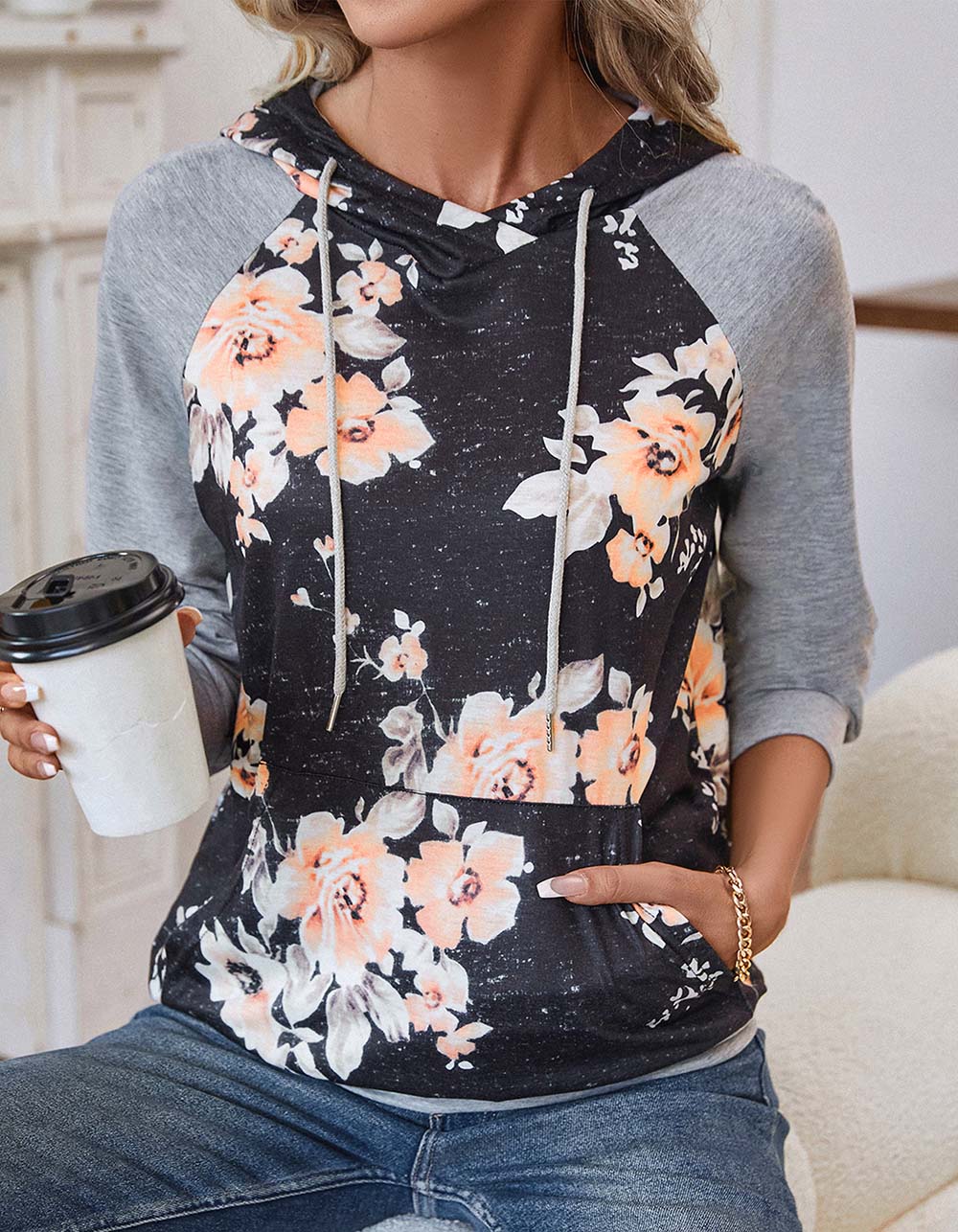 Floral Printed Long Sleeve Stitching Hooded Sweatshirt