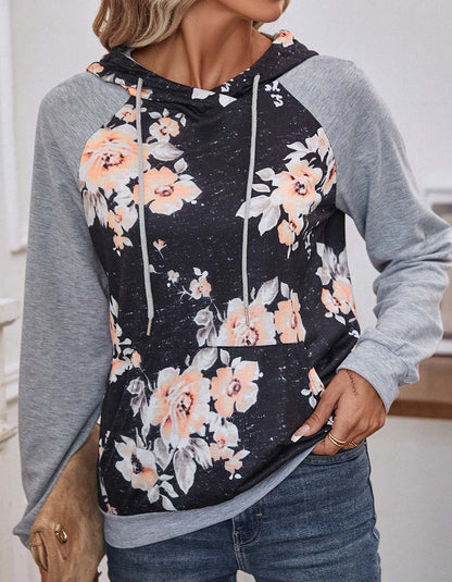 Floral Printed Long Sleeve Stitching Hooded Sweatshirt