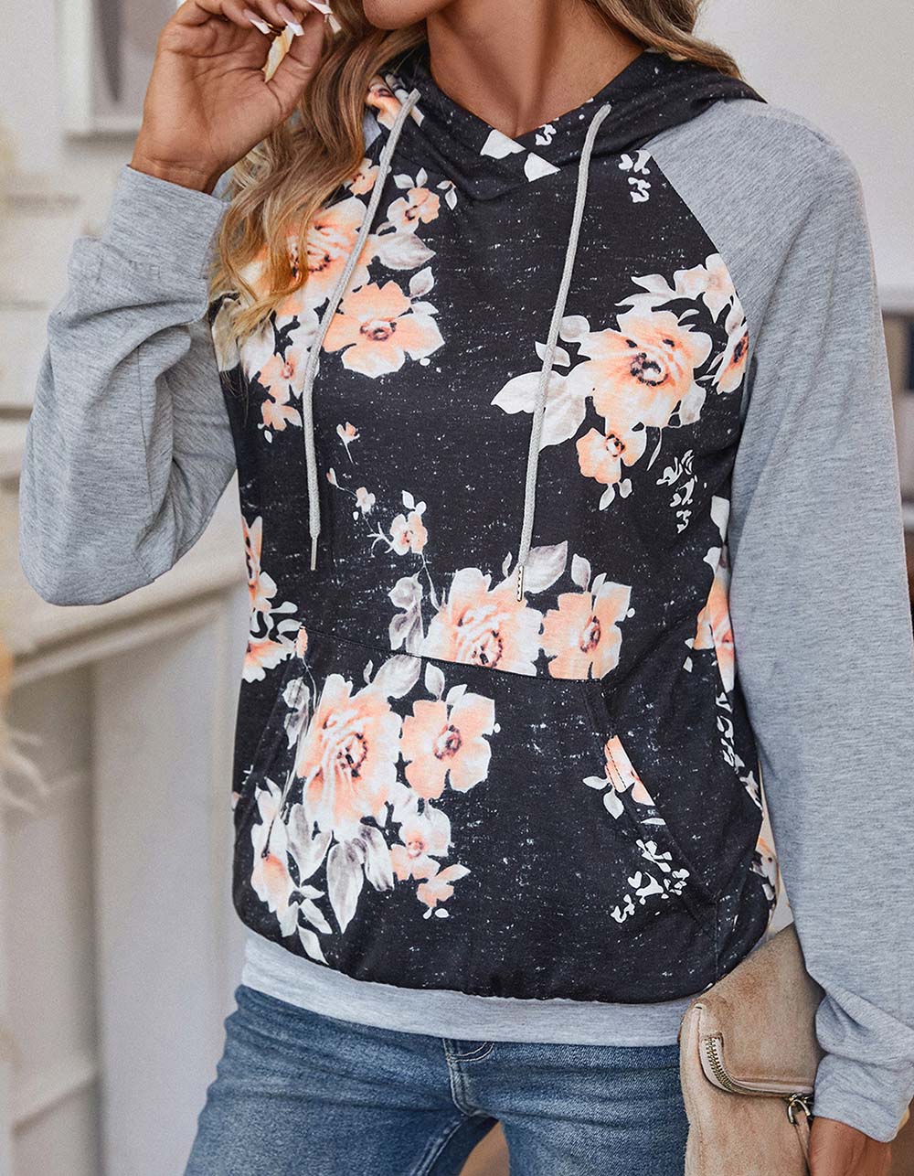 Floral Printed Long Sleeve Stitching Hooded Sweatshirt