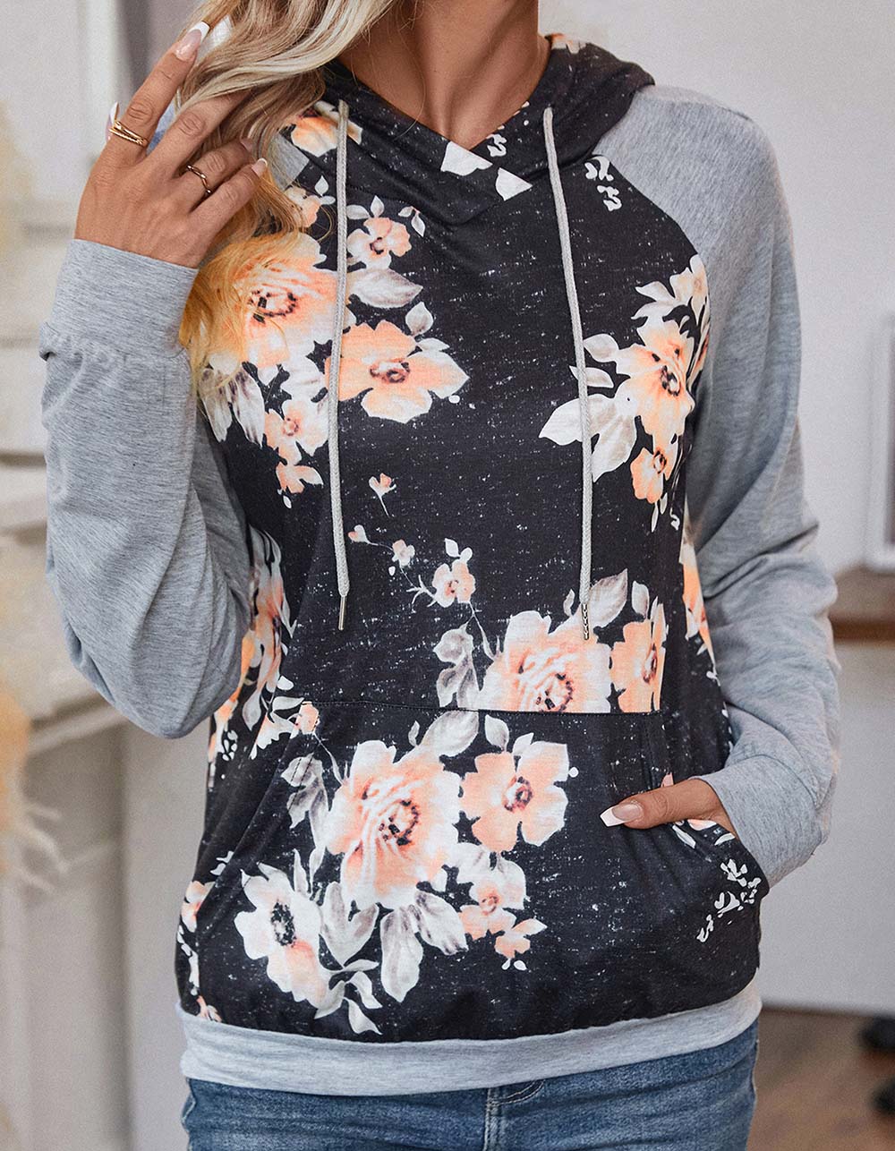 Floral Printed Long Sleeve Stitching Hooded Sweatshirt