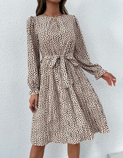 Leopard Round Neck Belted Long Sleeve Midi A-Line Dresses