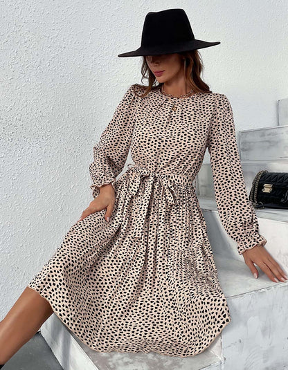 Leopard Round Neck Belted Long Sleeve Midi A-Line Dresses