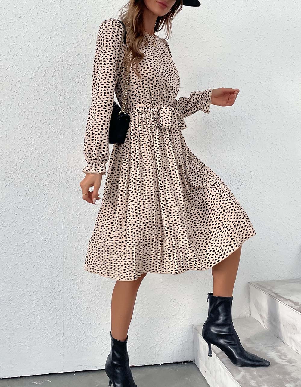 Leopard Round Neck Belted Long Sleeve Midi A-Line Dresses